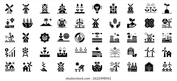 Collection of vector icons representing sustainable agriculture and renewable energy sources