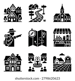 A collection of vector icons representing travel, tourism, village life, navigation, and rural scenery, designed in a clean, solid black style.