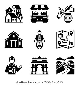 A collection of vector icons representing travel, tourism, historical landmarks, traditional clothing, local crafts, and scenic rural landscapes.