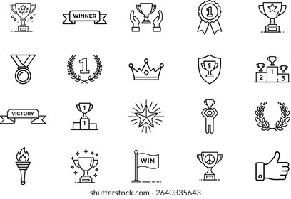 A collection of vector icons representing trophies, awards, and achievements. Perfect for illustrating success, victory, and recognition in various design projects.