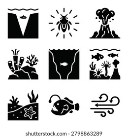Collection of vector icons representing underwater environments, marine animals, geological features, and weather elements in a simple flat style.