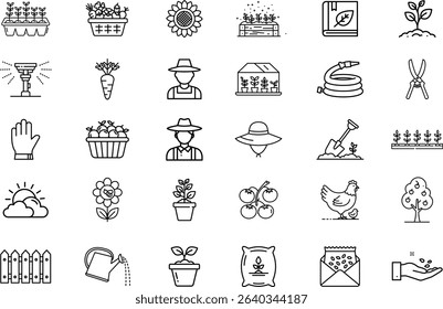 A collection of vector icons representing various aspects of gardening and agriculture. Includes illustrations of plants, tools, farmers, and elements related to sustainable living and farming practic