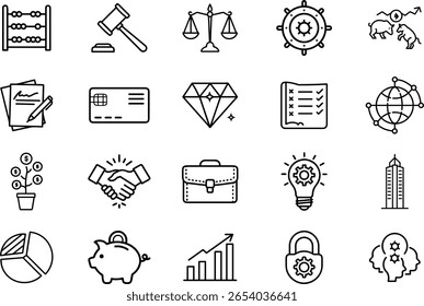 A collection of vector icons representing various aspects of finance, business, and investment. Includes symbols for accounting, banking, financial services, and related concepts. Ideal for use in pre