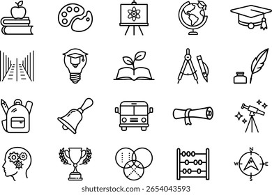 Uma coleção de ícones vetoriais que representam vários aspectos da educação, incluindo material escolar, ferramentas de aprendizagem e símbolos acadêmicos. Perfeito para uso em projetos e recursos de design educacional.


