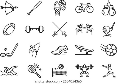 A collection of vector icons representing various sports and activities, including archery, baseball, basketball, cycling, boxing, football, and more. Perfect for use in fitness, recreation, and sport