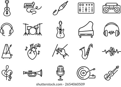 A collection of vector icons representing various music instruments and audio equipment. Includes guitar, piano, drums, saxophone, microphone, headphones, and more.