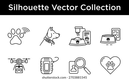 Una colección de iconos vectoriales que representan varias tecnologías y servicios para mascotas, incluido el seguimiento, la alimentación y la entrega.