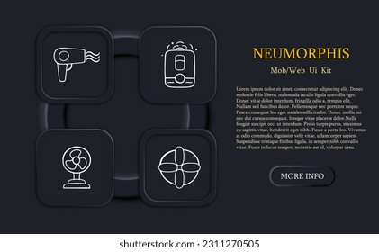 Kollektion von Vektorsymbole, die die Belüftung darstellen. Luftstrom, Lüftungssystem, Klimaanlage, Klimaanlage, Klimaanlage, Ventilator, Luftkanäle. Neomorphismus-Stil. Vektorliniensymbol