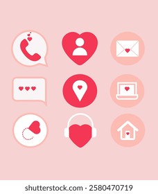 A collection of vector icons with romantic elements. Includes a heart-themed phone chat bubble location pin headphones, home, envelope and laptop. Perfect for dating apps web design, greeting car