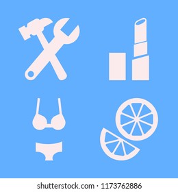collection vector icons set. with wrench hammer, orange, woman underwear and lipstick in set