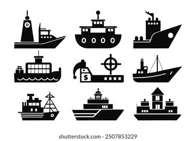 A collection of vector icons showcasing various types of ships and boats. Perfect for use in maritime designs, travel projects, and transportation content.