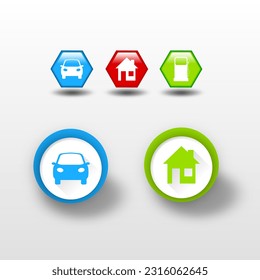 Kollektion von Vektorgrafiken, die Haus, Homepage, Auto, Tankstelle zeigen. Farbige Symbole