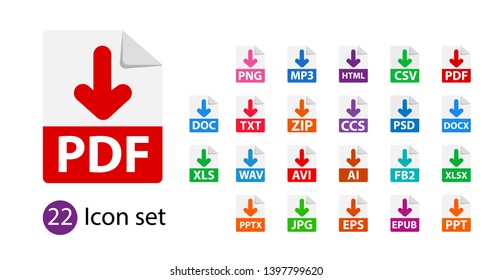 Colección de iconos vectoriales. Descarga de firmas. Iconos de extensiones de formato de archivo. PDF, MP3, TXT, DOC, DOCx, ZIP, PPTx, XLSx, JPG, PSD, fb2, AVI.