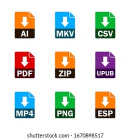 Collection of vector icons. Sign Download. File format extensions icons. AI, MKV, CSV, PDF, ZIP, UPUB, MP4, PNG dan ESP. Vector