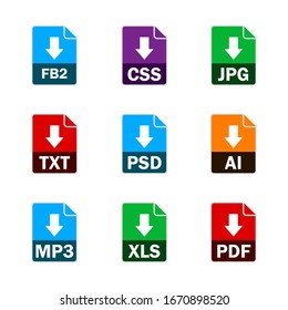 Collection of vector icons. Sign Download. File format extensions icons. FB2, CSS, JPG, TXT, PSD, AI, MP3, XLS and PDF. Vector