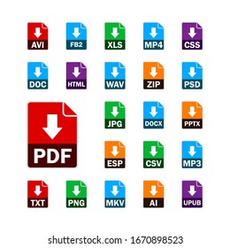 Collection of vector icons. Sign Download. File format extensions icons. PDF, MP3, TXT, DOC, DOCx, ZIP, PPTx, XLSx, JPG, PSD, MKV, PNG, AVI, AI, CSV, MP4, ESP, CSS, and AVI. Vector