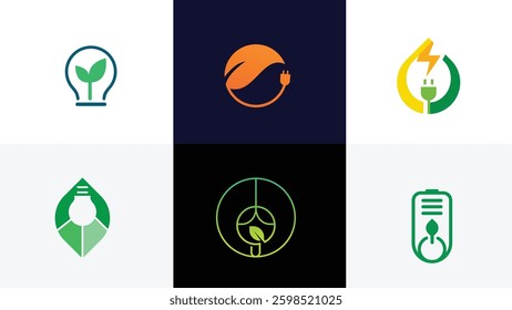 Collection of vector icons symbolizing eco-friendly energy solutions. Featuring sustainable concepts with themes of electricity, conservation, green technology, and energy efficiency.