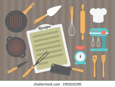 Collection of vector icons symbolizing kitchen equipment, food, cooking. Modern flat design style. Both for print and web design.