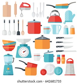 Collection of vector icons symbolizing kitchen equipment, food, cooking. Modern flat design style. Both for print and web design.