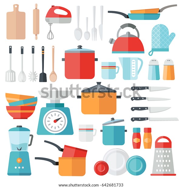 Collection of vector icons symbolizing kitchen\
equipment, food, cooking. Modern flat design style. Both for print\
and web design.