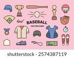A collection of vector icons themed around baseball, featuring various elements such as a baseball bat, glove, trophy, helmet, and uniform.