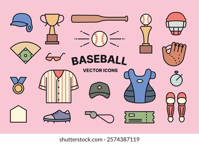 A collection of vector icons themed around baseball, featuring various elements such as a baseball bat, glove, trophy, helmet, and uniform.