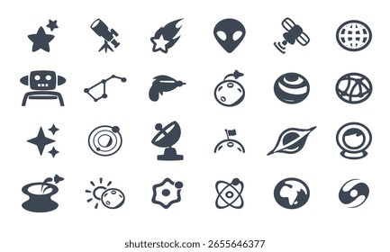 Una colección de iconos vectoriales temáticos alrededor del espacio exterior