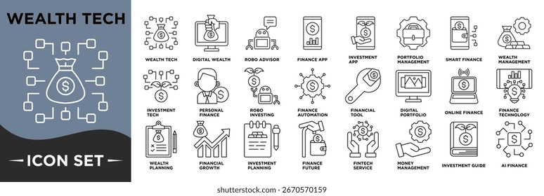Una colección de iconos vectoriales temáticos en torno a la Tecnología de la riqueza, diseñado en un estilo de línea limpio y moderno. Perfecto para App de fintech, inversión digital, gestión financiera, banca en línea, finanzas de IA