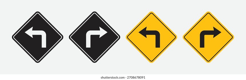 Collection of vector icons of traffic signs warning information about turning right and turning left. A symbol of attention and safety for public motorists. Vector illustration