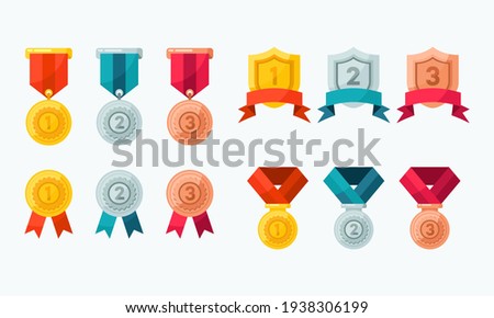 Collection of vector icons of various award medal. Suitable for the design element of a championship medal, first place winner, gold, silver and bronze medalist.  Flat award medal icon collection.