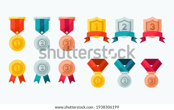 Collection of vector icons of various award\
medal. Suitable for the design element of a championship medal,\
first place winner, gold, silver and bronze medalist.  Flat award\
medal icon\
collection.
