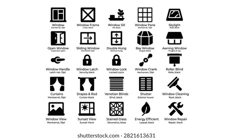 Collection of vector icons for various window types and accessories such as double hung, bay window, awning window