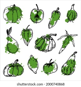 Collection of vector icons vegetables and fruits.Isolated illustration on a white background. Hand-drawn doodle. Thin food contour with green abstract spot.Colored blob on a black outline. Flat style