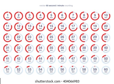 Collection of vector icons with watch counts on white background. Timespan is 1 second or minute.