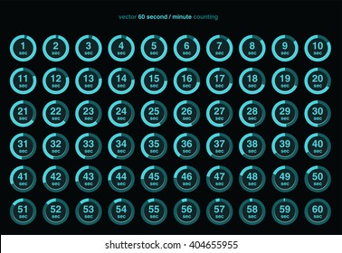 Collection of vector icons with watch counts on black background. Timespan is 1 second or minute.