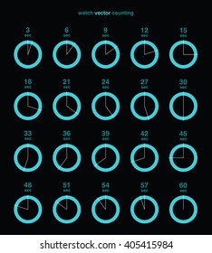 Collection of vector icons with watch counts on black background. Timespan is 3 seconds or minutes.