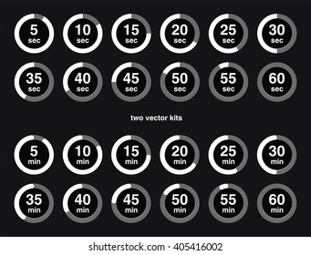 Collection of vector icons with watch counts on black background. Straight and rounded angles. Timespan is 5 seconds or minutes.