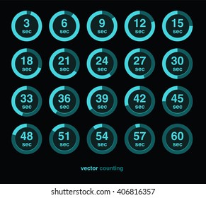 Collection of vector icons with watch counts on black background. Timespan is 3 seconds or minutes.