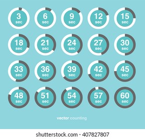 Collection of vector icons with watch counts on green background. Timespan is 3 seconds or minutes.