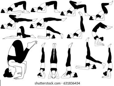 Collection of vector icons of woman doing yoga in different upturned poses, standing on hands and head. Silhouettes of girl in costume practicing yoga isolated on white background.