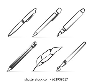 Collection of vector icons for writing and art tools in the style of linear design