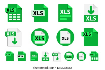 Collection of vector icons XLSx, XLS. File format extensions icons. 8 different design options. Circle buttons. flat design style