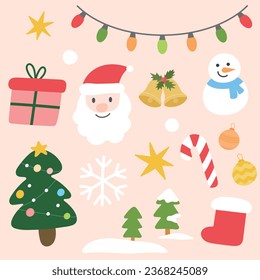 Collection vector illustration of Christmas and New Year decoration elements with Santa Claus, Christmas tree, stars, candy cane, gift, snowflake, snowman, bells.