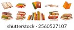 Collection of vector illustration of colorful stack of books, standing books. Book lover, bookstore, library, cozy home concept.