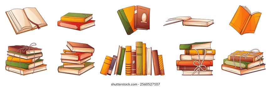Collection of vector illustration of colorful stack of books, standing books. Book lover, bookstore, library, cozy home concept.