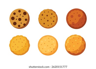 Collection of vector illustration cookies with chocolate chips and different flavors