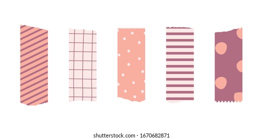 Collection of vector illustration cute decorative adhesive tape isolated on white background. Set of colorful patterned washi tape strips.