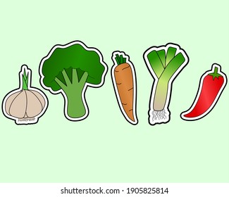 collection of vector illustration designs of garlic, broccoli, carrots, leek and chili vegetables for icons and logo.