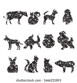 Collection of vector illustration different snowy animals. Symbol of winter and flakes.