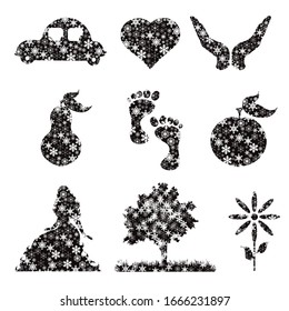 Colección de ilustraciones vectoriales diferentes objetos nevados. Símbolo de invierno y copos.